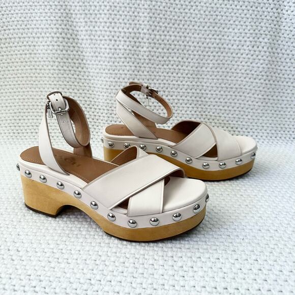 Coach NIB Astor Semi Matte Leather Chalk White Studded Platform Wood Clog Heel 6 - Picture 1 of 11